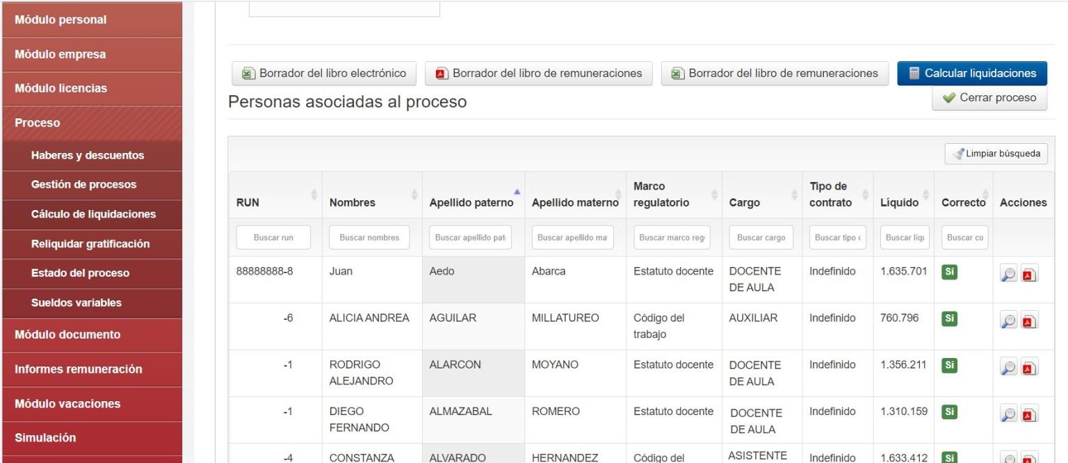 Sección Cálculo de liquidaciones